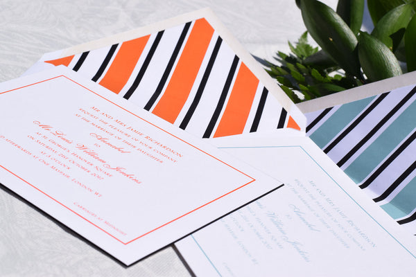 Formal wedding invitations printed in two different colours with matching paper lined envelopes