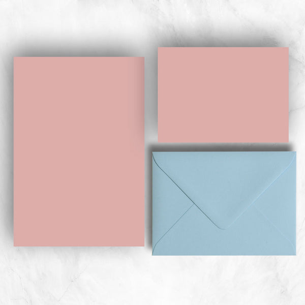 Candy Pink A5 Sheets and A6 Note cards paired with soft pastel azure blue envelopes