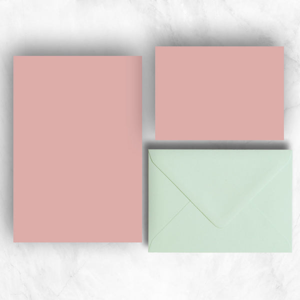 Candy Pink A5 Sheets and A6 Note cards paired with pastel powder green envelopes