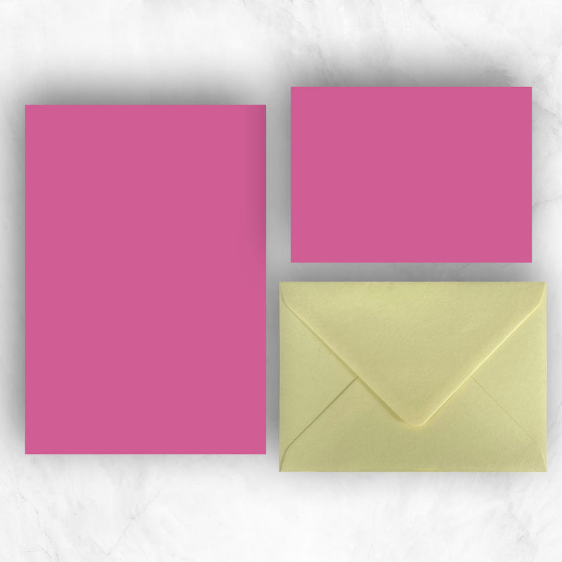 Hot Pink A5 Sheets and A6 Note cards paired with soft light and bright yellow envelopes