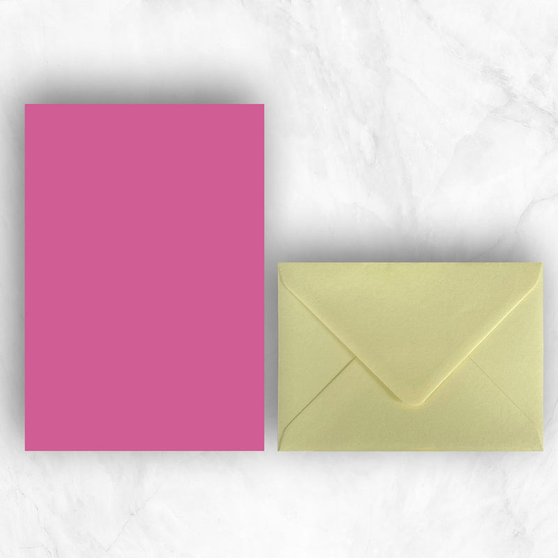 Plain lightly textured Hot pink a5 sheets teamed with bright yellow envelopes