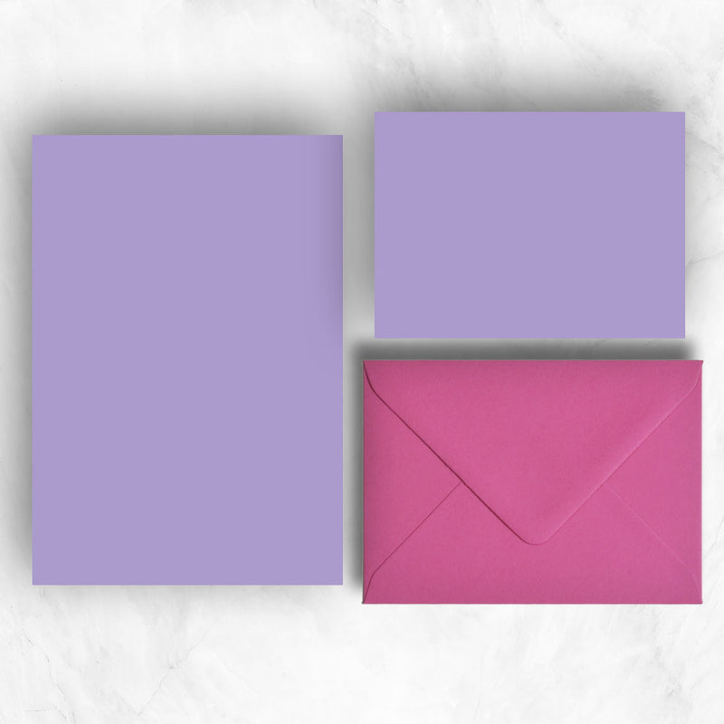 Lavender A5 Sheets and A6 Note cards paired with bright hot pink envelopes
