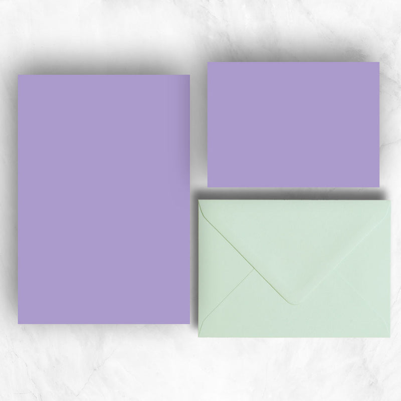 Lavender A5 Sheets and A6 Note cards paired with soft pastel green envelopes