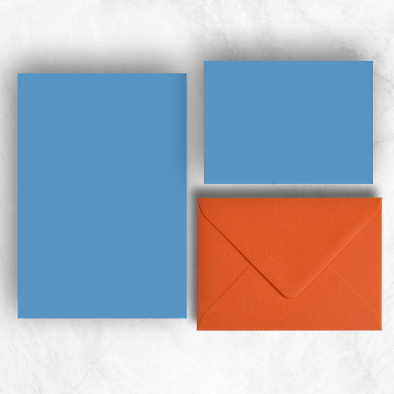 Blue A5 Sheets and A6 Note cards paired with mandarin orange envelopes