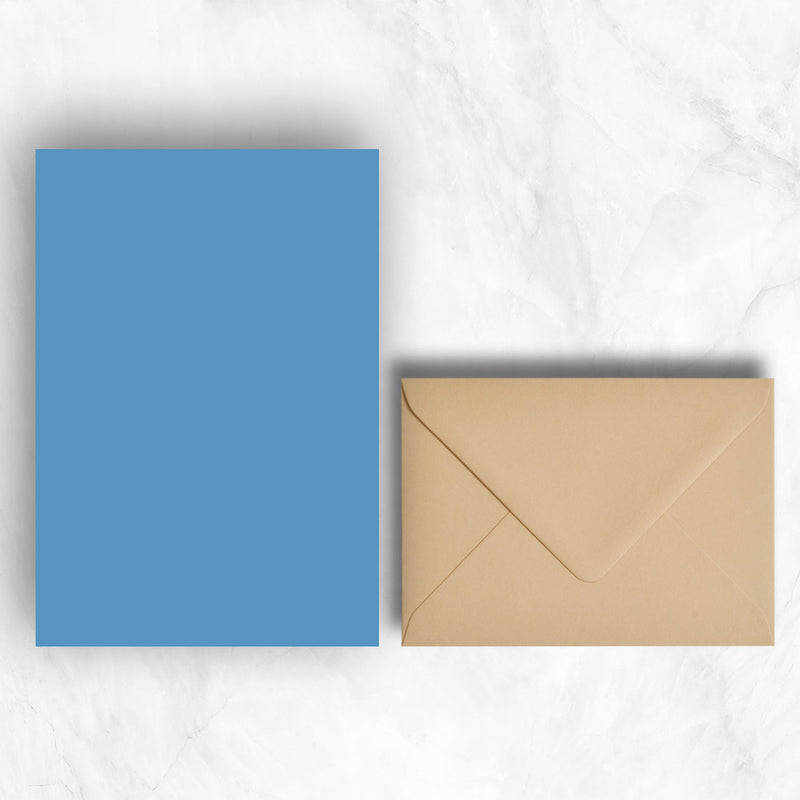 Plain lightly textured blue a5 sheets teamed with light brown or stone envelopes