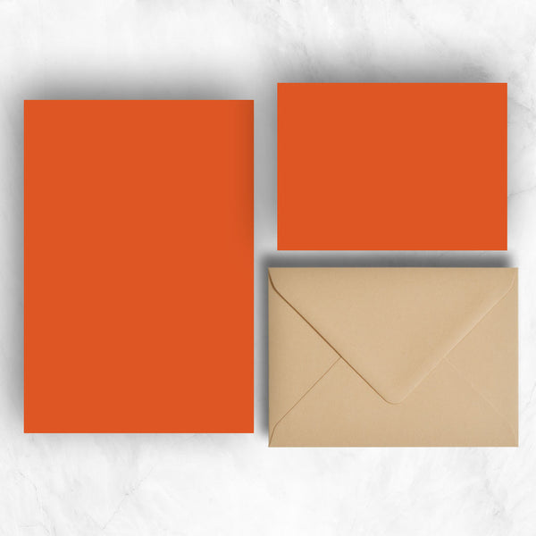 Orange A5 Sheets and A6 Note cards paired with contrasting light brown envelopes