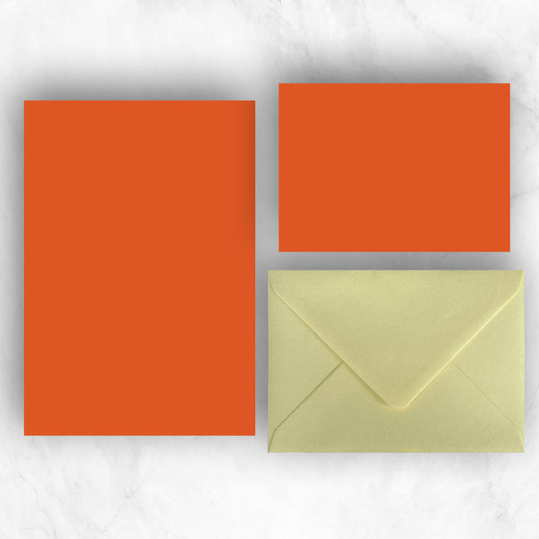 Orange A5 Sheets and A6 Note cards paired with contrasting sorbet yellow envelopes