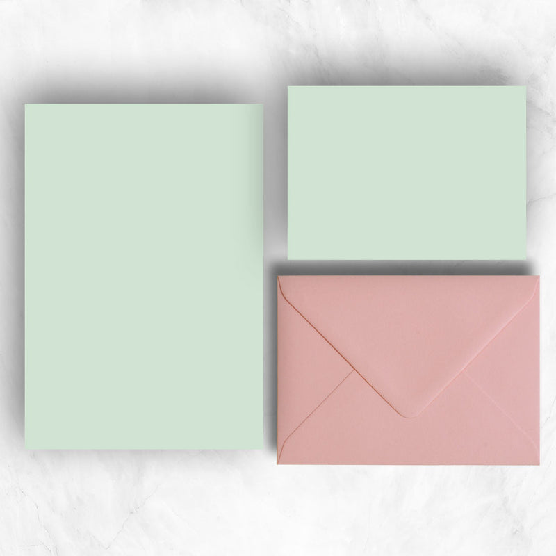Powder green A5 Sheets and A6 Note cards paired with contrasting pastel pink envelopes