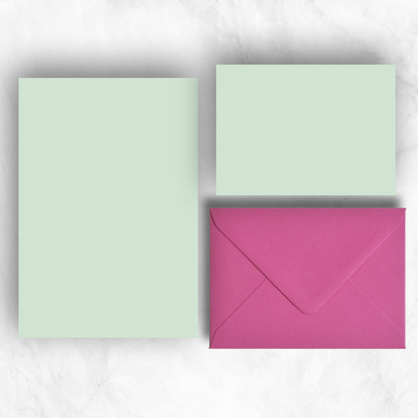 Powder green A5 Sheets and A6 Note cards paired with contrasting hot pink envelopes