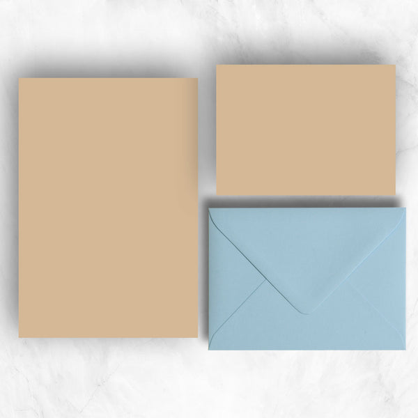 light brown or stone A5 Sheets and A6 Note cards paired with contrasting azure blue envelopes