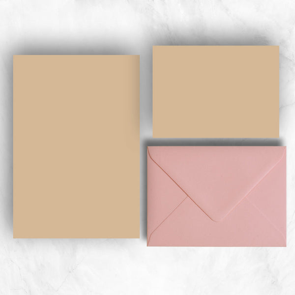 light brown or stone A5 Sheets and A6 Note cards paired with contrasting candy pink envelopes