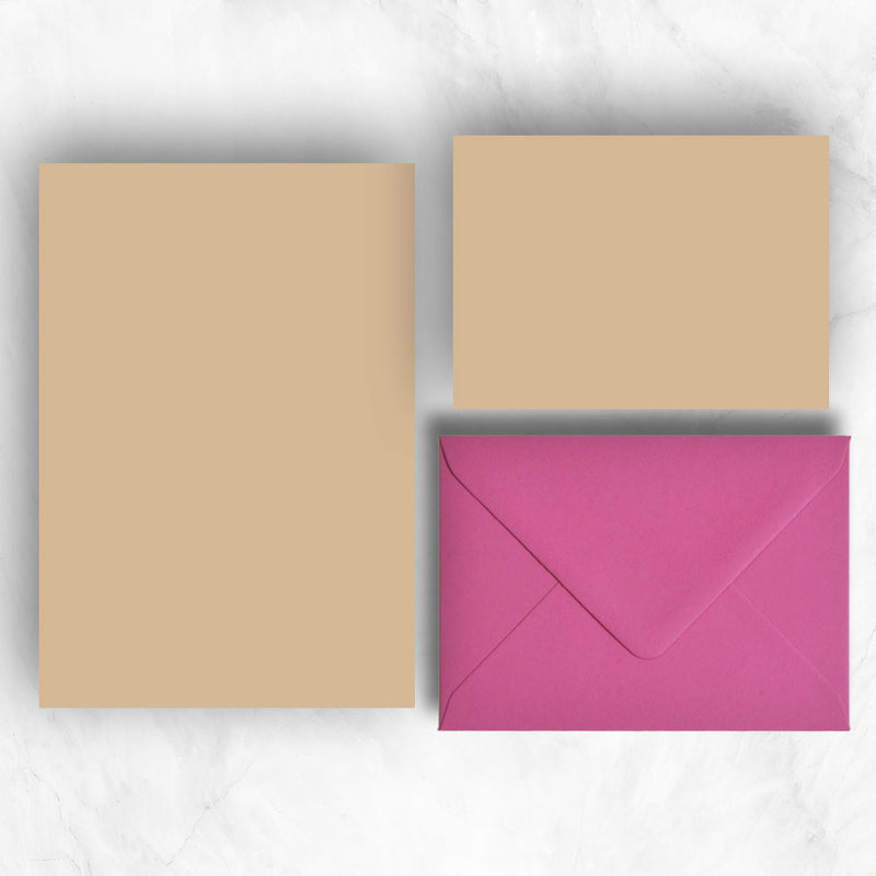 light brown or stone A5 Sheets and A6 Note cards paired with contrasting hot  pink envelopes