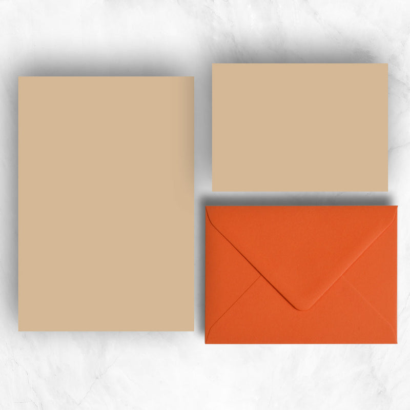 light brown or stone A5 Sheets and A6 Note cards paired with contrasting orange envelopes