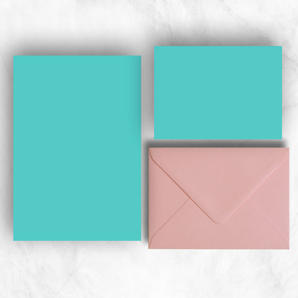 Bright turquoise A5 Sheets and A6 Note cards paired with contrasting pastel pink envelopes