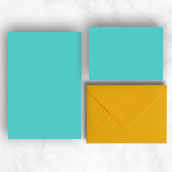Bright turquoise A5 Sheets and A6 Note cards paired with contrasting citrine yellow envelopes