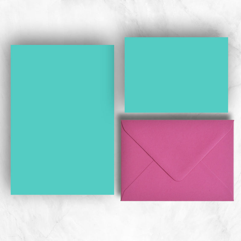 Bright turquoise A5 Sheets and A6 Note cards paired with contrasting hot pink envelopes