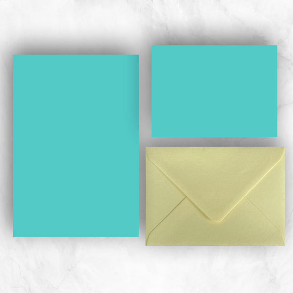 Bright turquoise A5 Sheets and A6 Note cards paired with warm sunny yellow envelopes