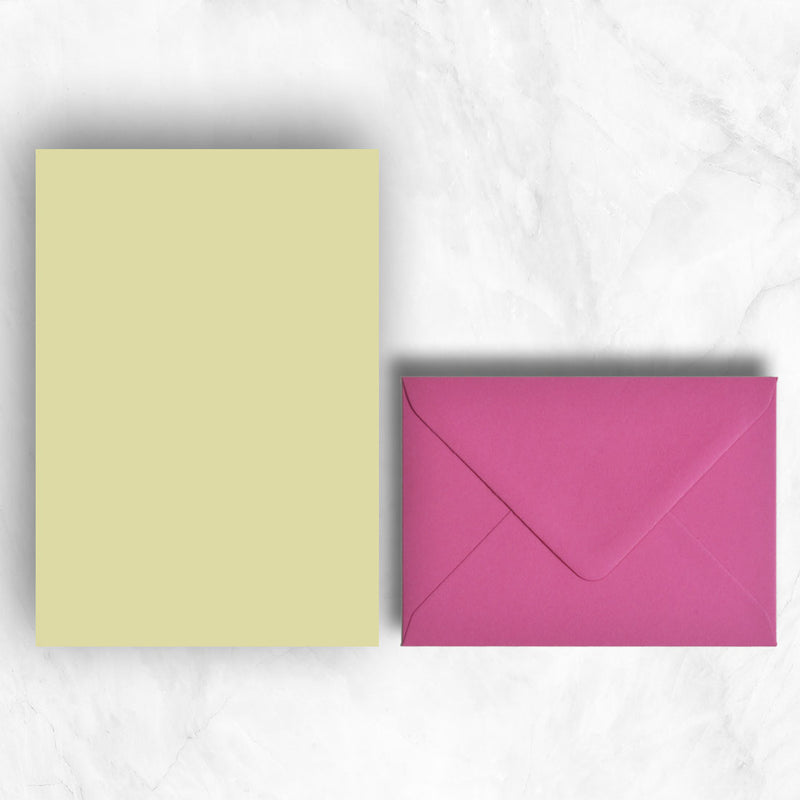 Plain lightly textured yellow a5 sheets teamed pastel hot pink envelopes