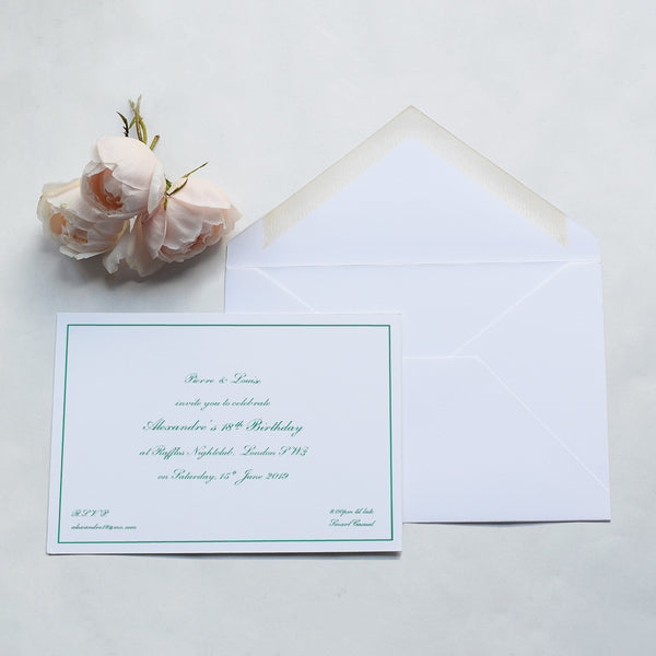 The Althorp formal invitation is printed in dark green ink onto a thick white card