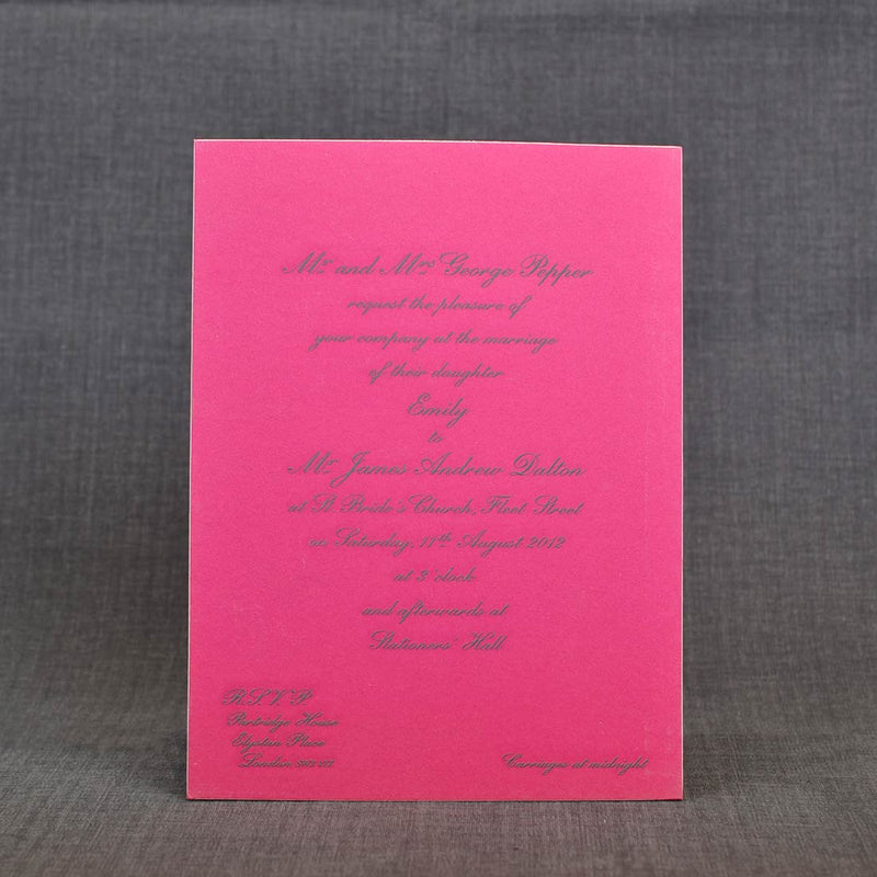 The Engraved Ascot Wedding invitation printed dark grey onto Fuchsia Pink