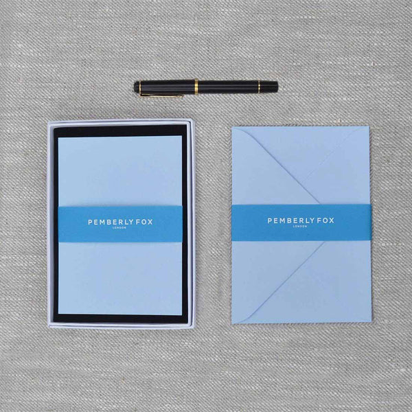 The Azure Blue A6 blank cards and envelopes, supplied with their matching blue envelopes and branded Pemberly Fox box.