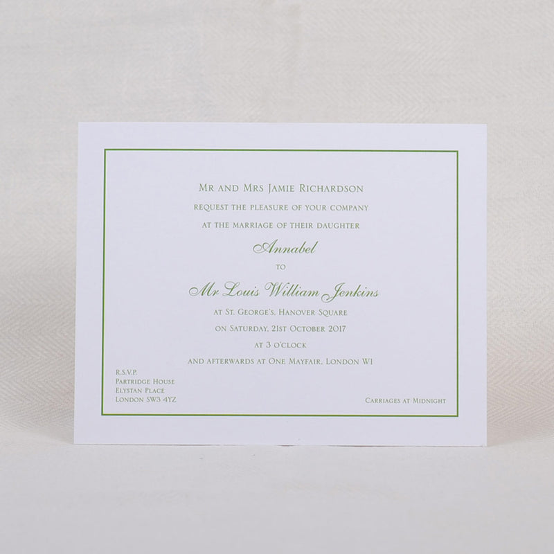 Face on picture of the Berkley Wedding Invitation showing the grass green text and keyline border