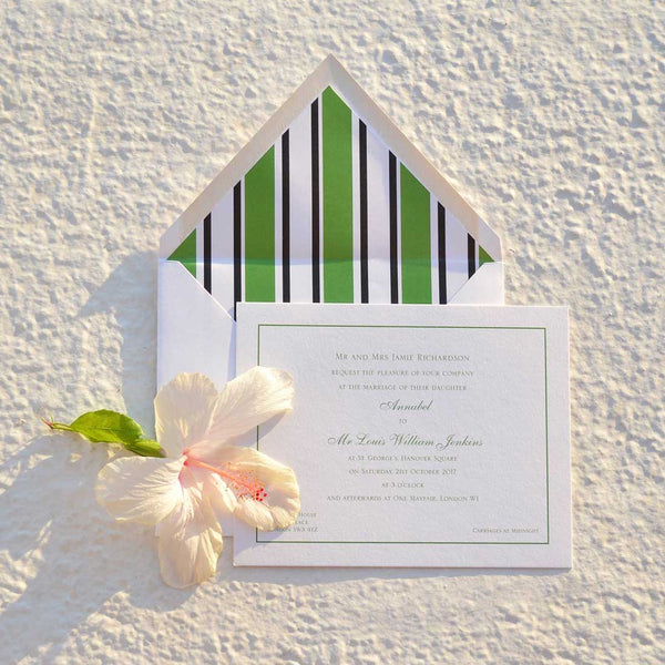 The Berkeley wedding invitation, printed grass green text onto white card and matching printed envelope liners
