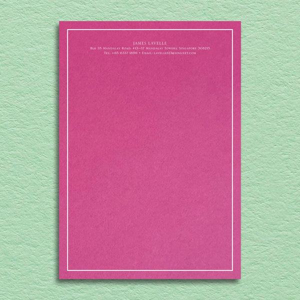 Bellevue Writing paper, shown with white ink printed onto a Fuchsia Pink writing sheet