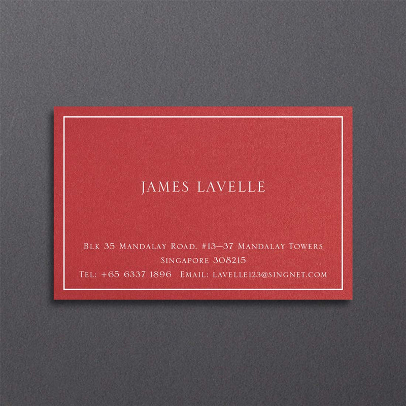 Bellevue visting cards shown on a bright red card and printed in white ink with a keyline border