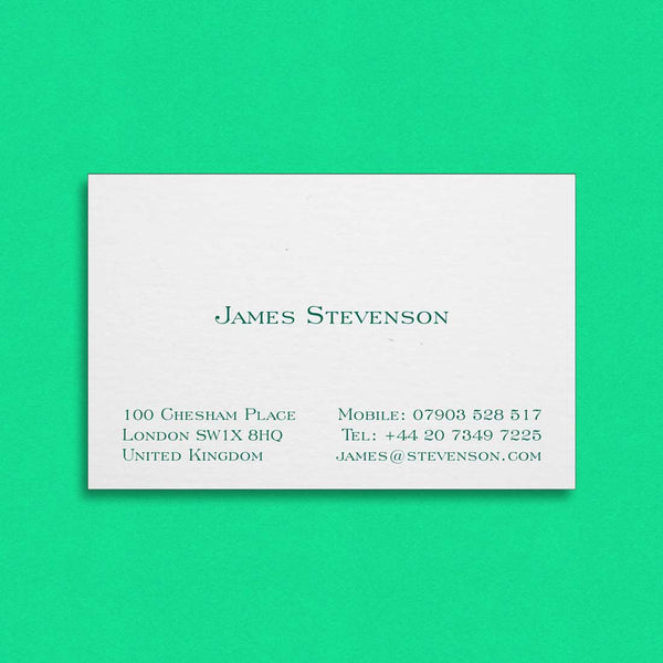 The Bletchley visiting card uses the traditional text format, name centred and contact details bottom left and right
