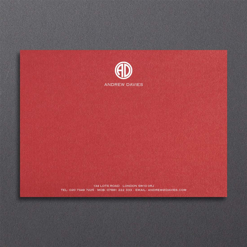 A sumptuous red card provides a glorious contrast for a contemporary monogram printed in white at the head with your contact details at the foot.