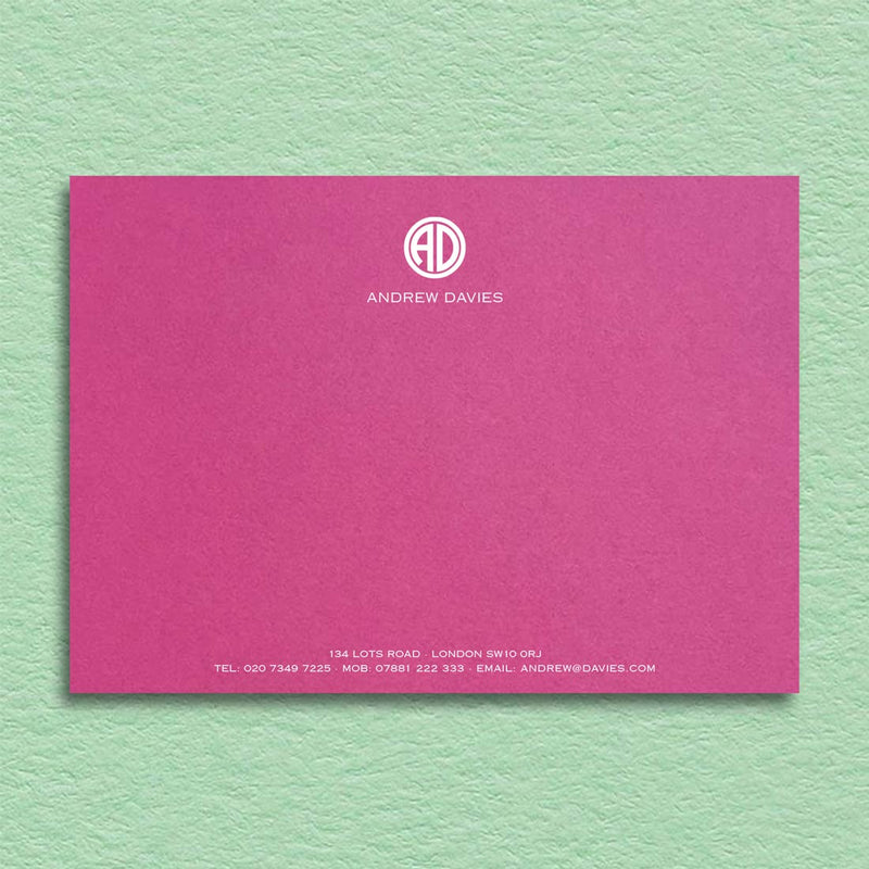 Our fuchsia pink card provides a glorious contrast for a contemporary monogram printed in white at the head with your contact details at the foot.