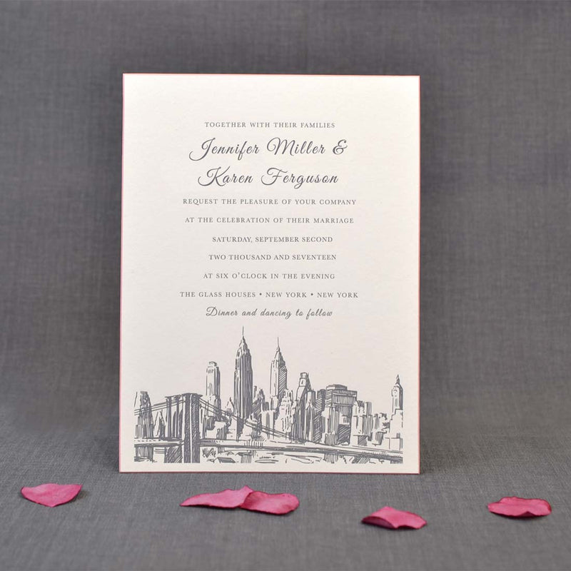 a face on picture of the Brooklyn wedding invitation, printed in grey onto white card and pink edges