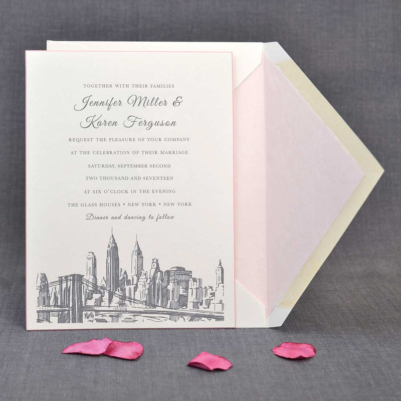 The Brooklyn wedding invitation with its envelope lined with soft pink tissu