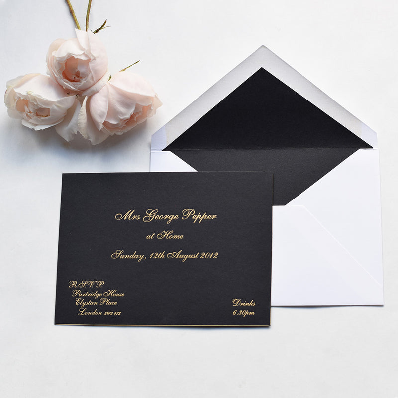 The Chatsworth at home invitation cards, engraved in gold ink onto colorplan Ebony with gold edges