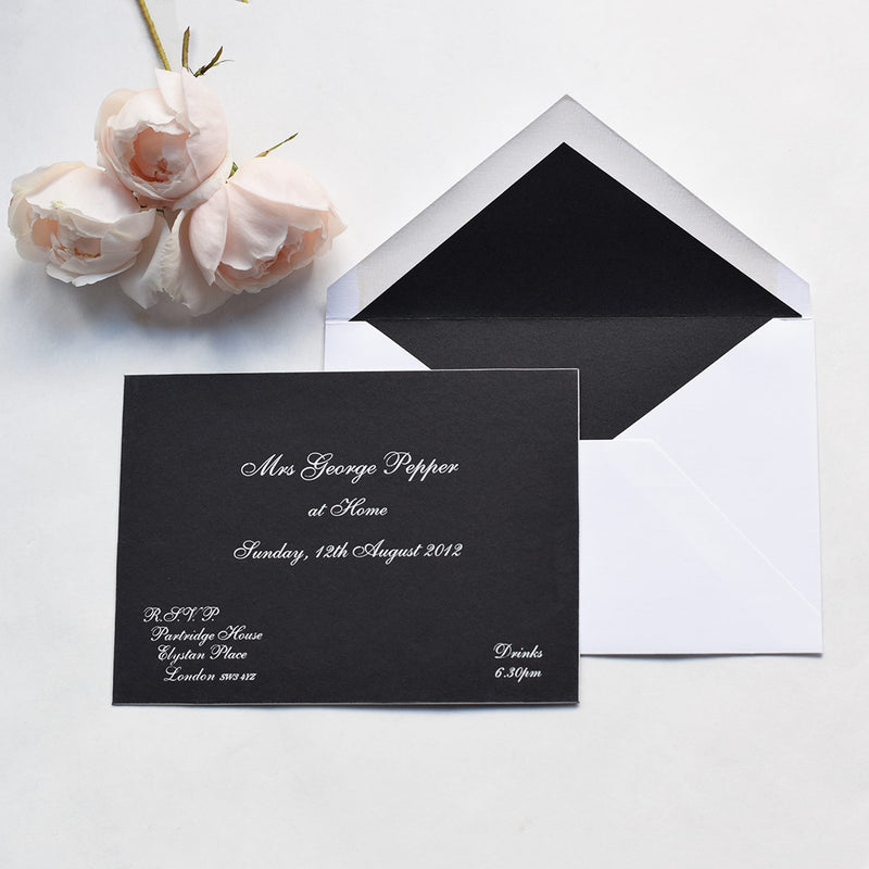 The Cliveden at home invitation cards, are engraved in white ink onto colorplan Ebony with white edges