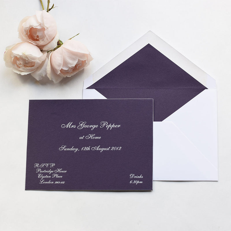 The Cliveden at home invitation cards, are engraved in white ink onto colorplan Amathyst with white edges