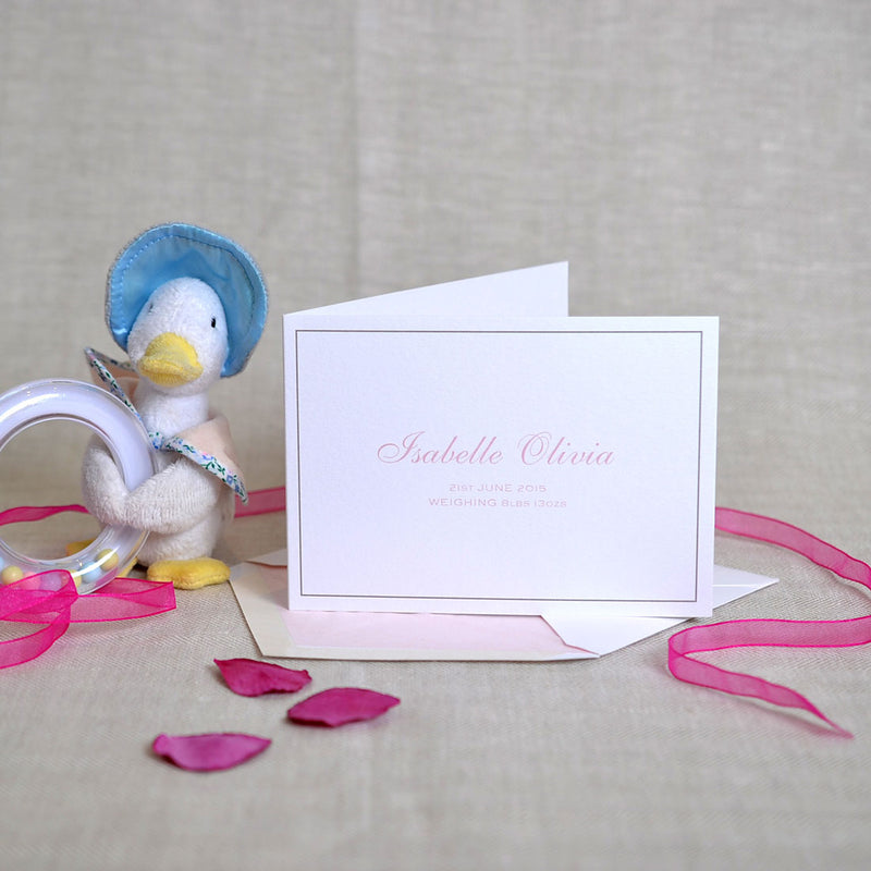 The Crawford personalised new baby cards, showing a contrasting pink font and grey keyline border