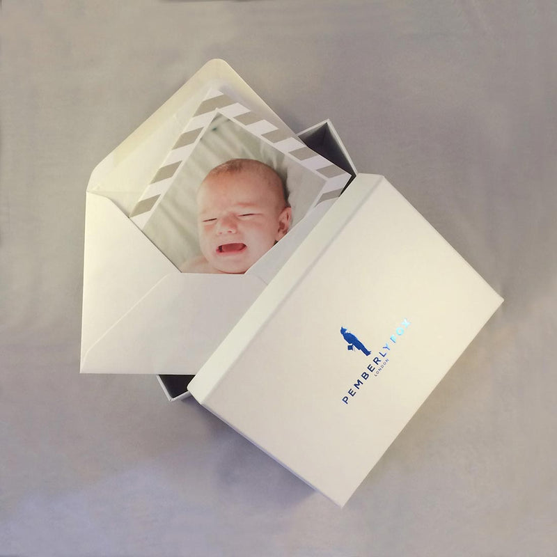 The Daniel personalised baby boy cards with Pemberly Fox's branded boxes