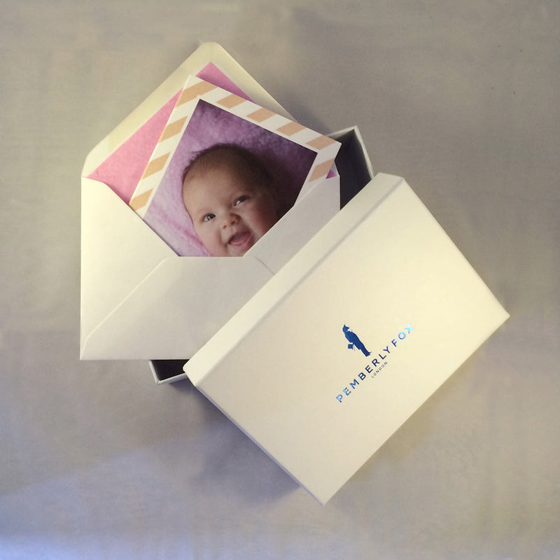The emma baby girl thank you cards with Pemberly Fox's branded boxes