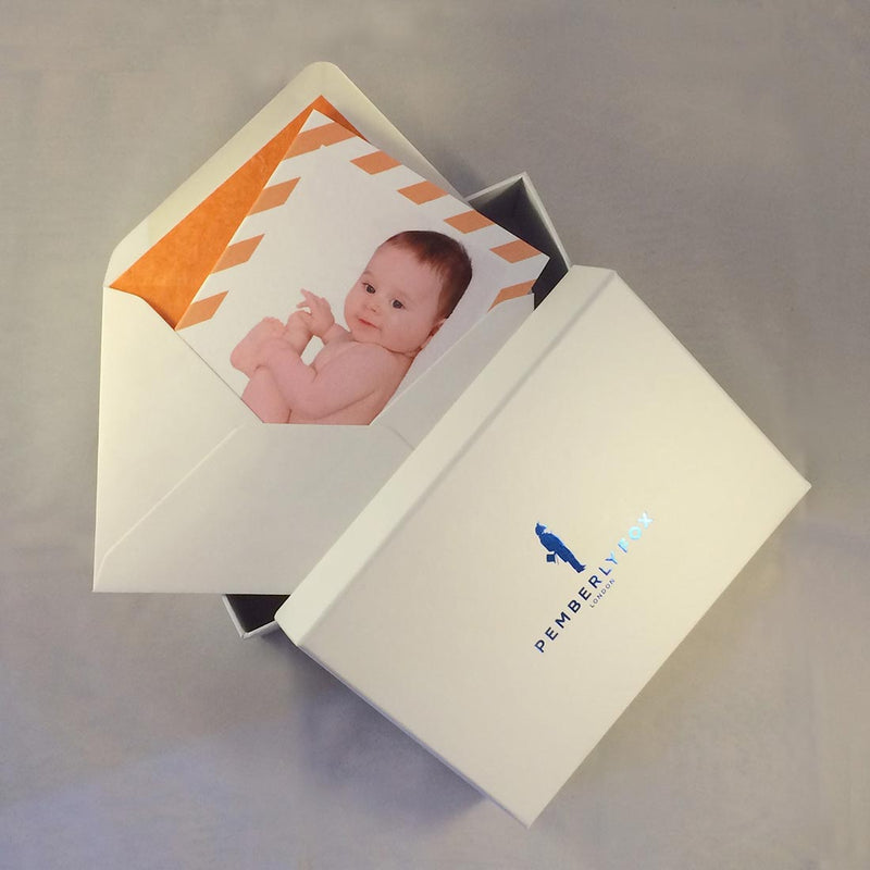 The Ethan personalised baby boy cards with Pemberly Fox's branded boxes