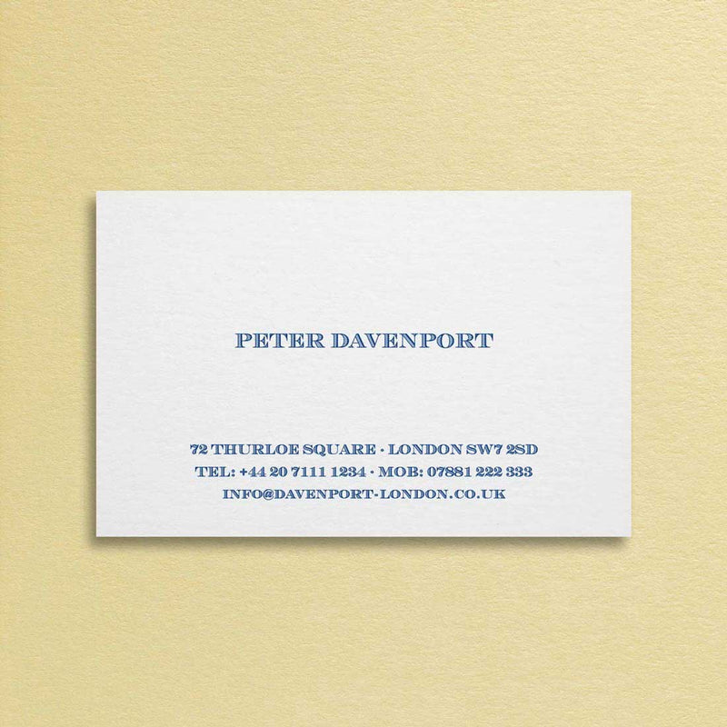The Haymarket visiting cards show your name centred on the card and contact details on two lines at the foot in blue ink onto a white card.