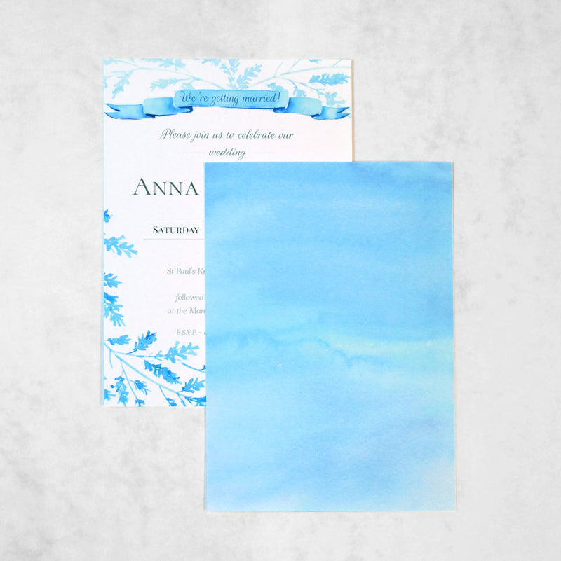 The Lillehammer Wedding Invitation has a solid ice blue wash printed onto the reverse of the card
