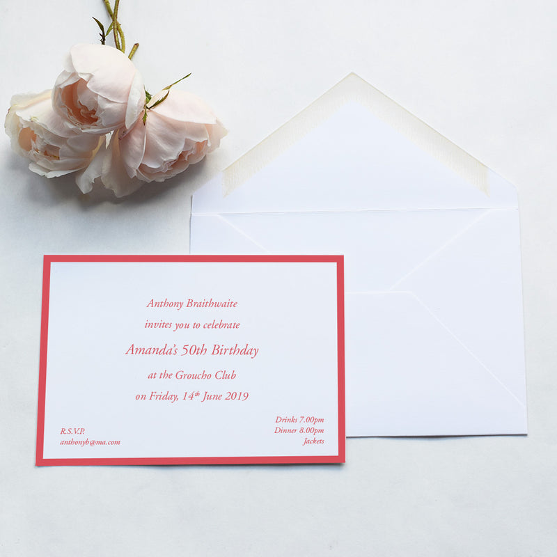 The Longbourn invitations printed in bright red with a matching coloured border