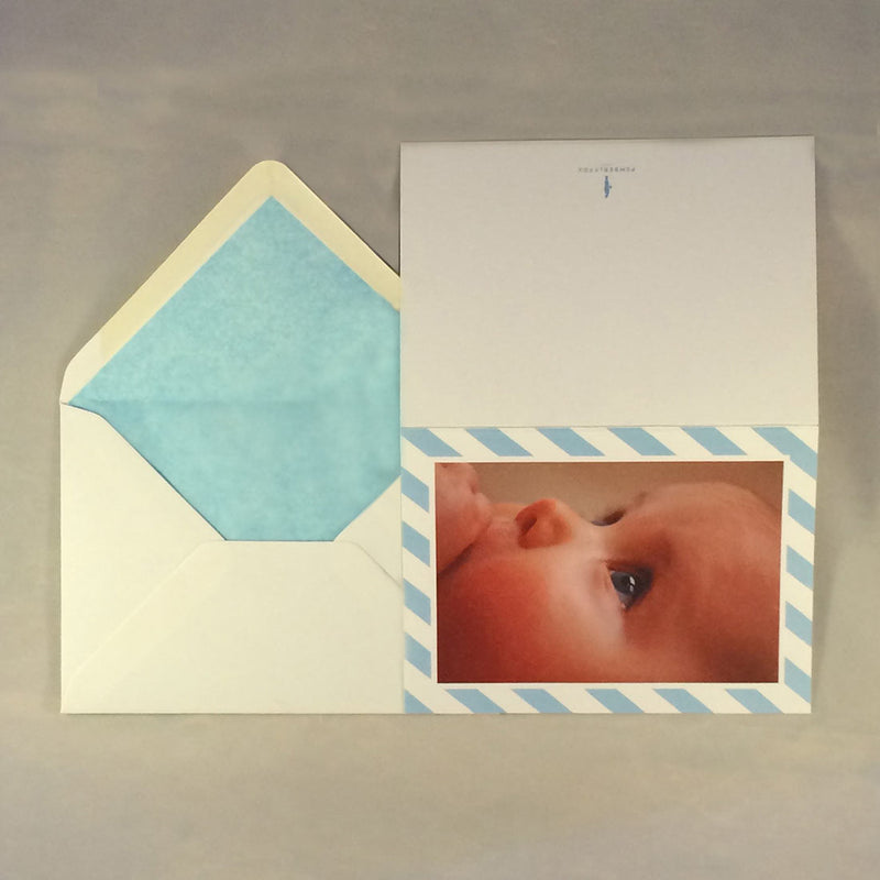 The Luke luxury baby boy cards with baby blue tissue paper lined envelope to complement the border colour