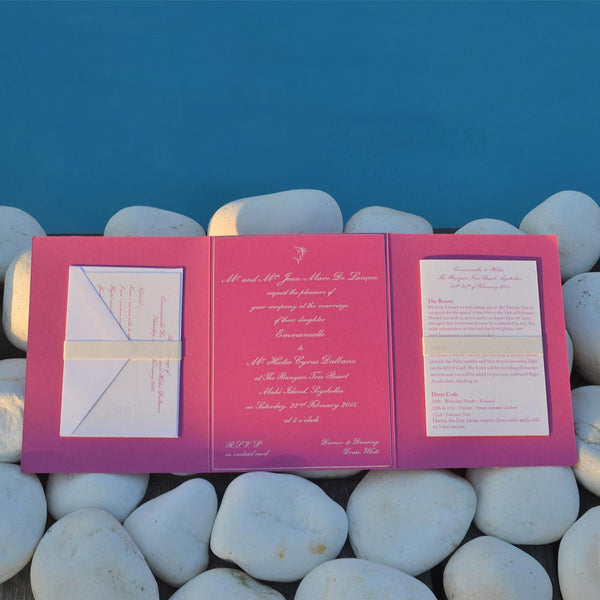 The Maia wedding invitation folder is shown with its wedding RSVP card and wedding information booklet