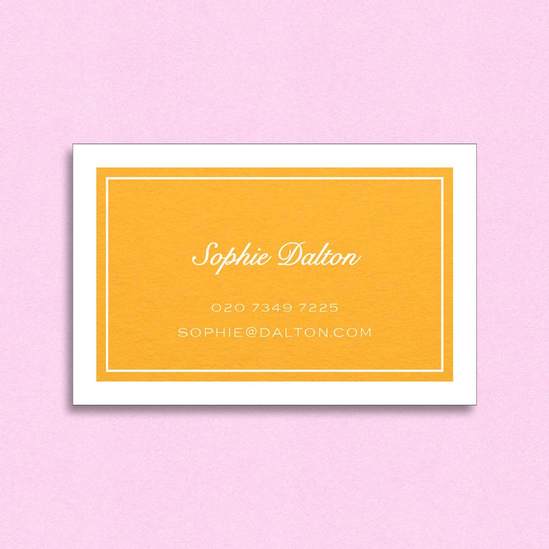 The Markham visiting card shows your details and a keyline border reversed out of a solid print colour  and white borders
