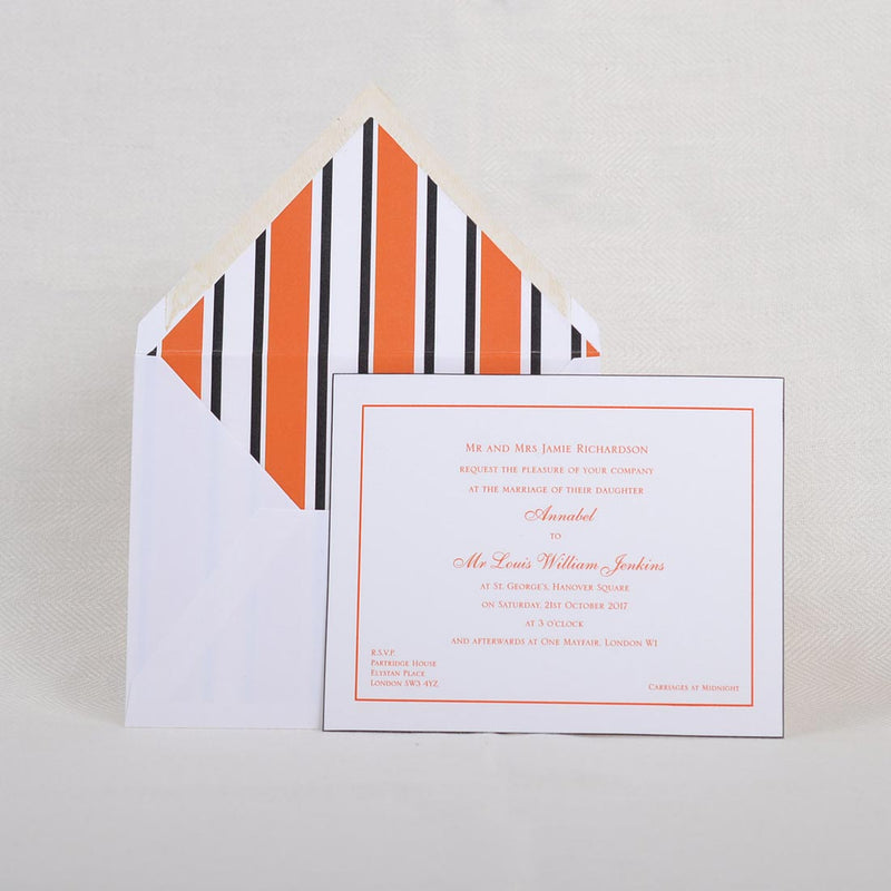 A face on image of the Mayfair wedding invitation and its paper lined envelope