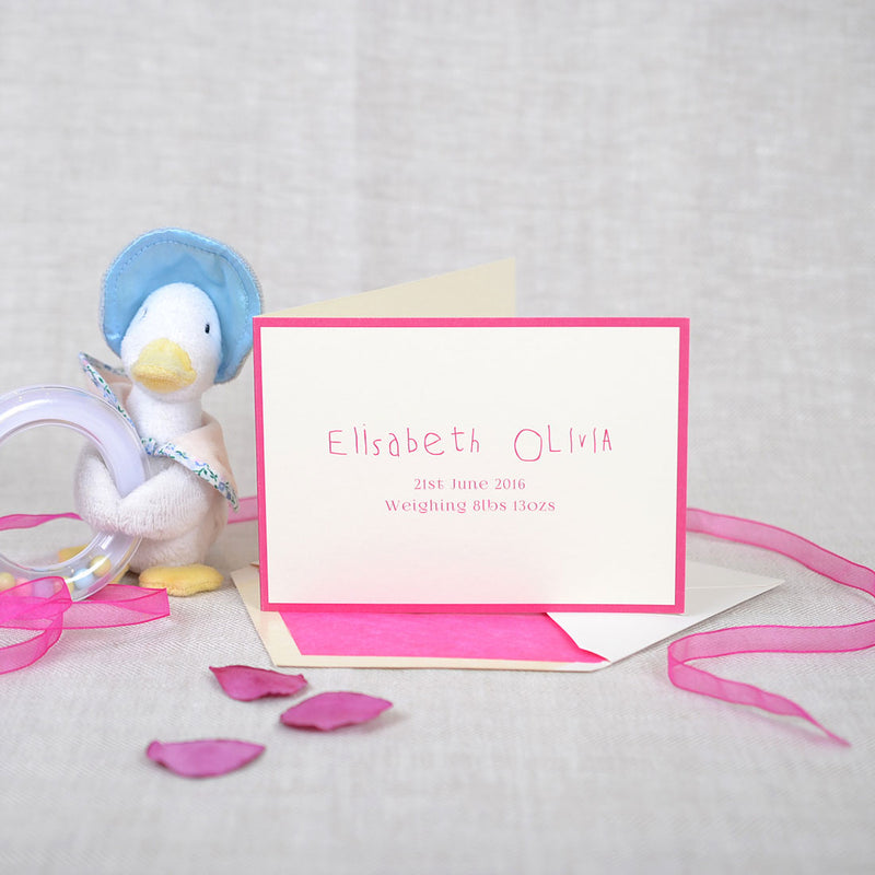 The Milton personalised new baby cards, showing a pink baby writing font with matching border