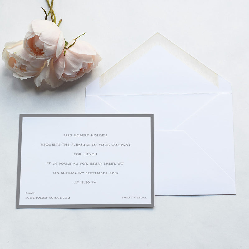 The Netherfield invitations shown here with grey text and borders onto white card